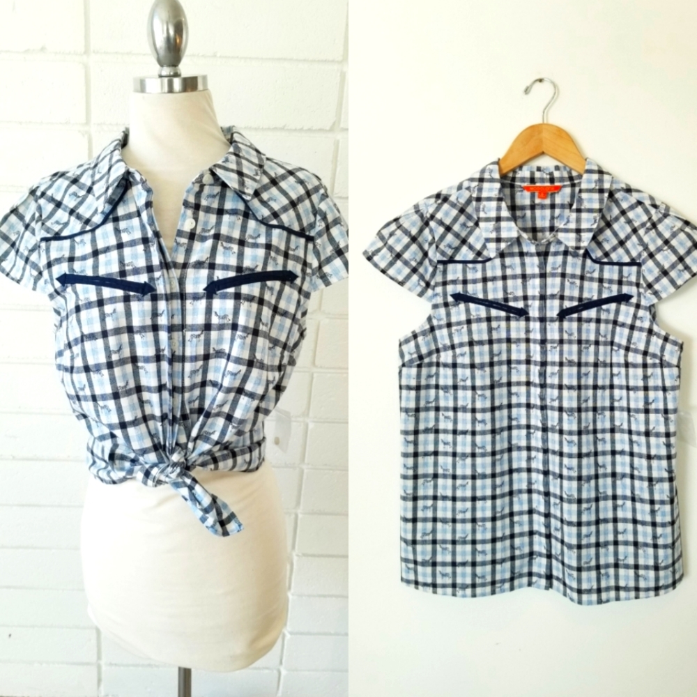 Modcloth Zebra Print Plaid Blue Short Sleeve Button up Country Western Top NWT